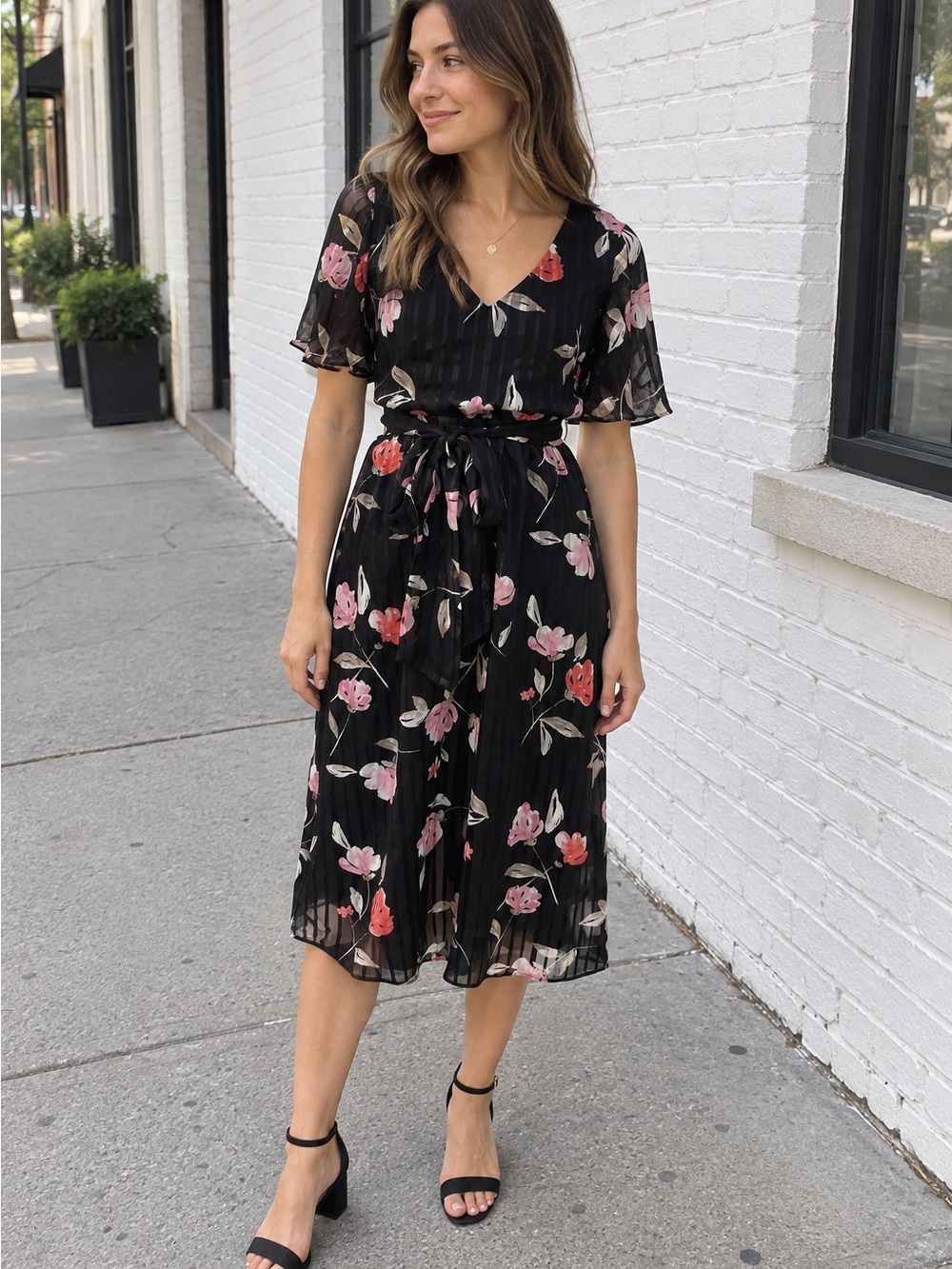 Ann Klein Black Floral V-Neck Midi Dress with Tie Waist